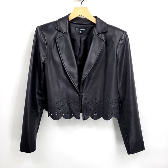 INC International Concepts Jackets & Blazers - Inc M Black Cropped Leather Jacket Collared Long Sleeve Lasercut Open